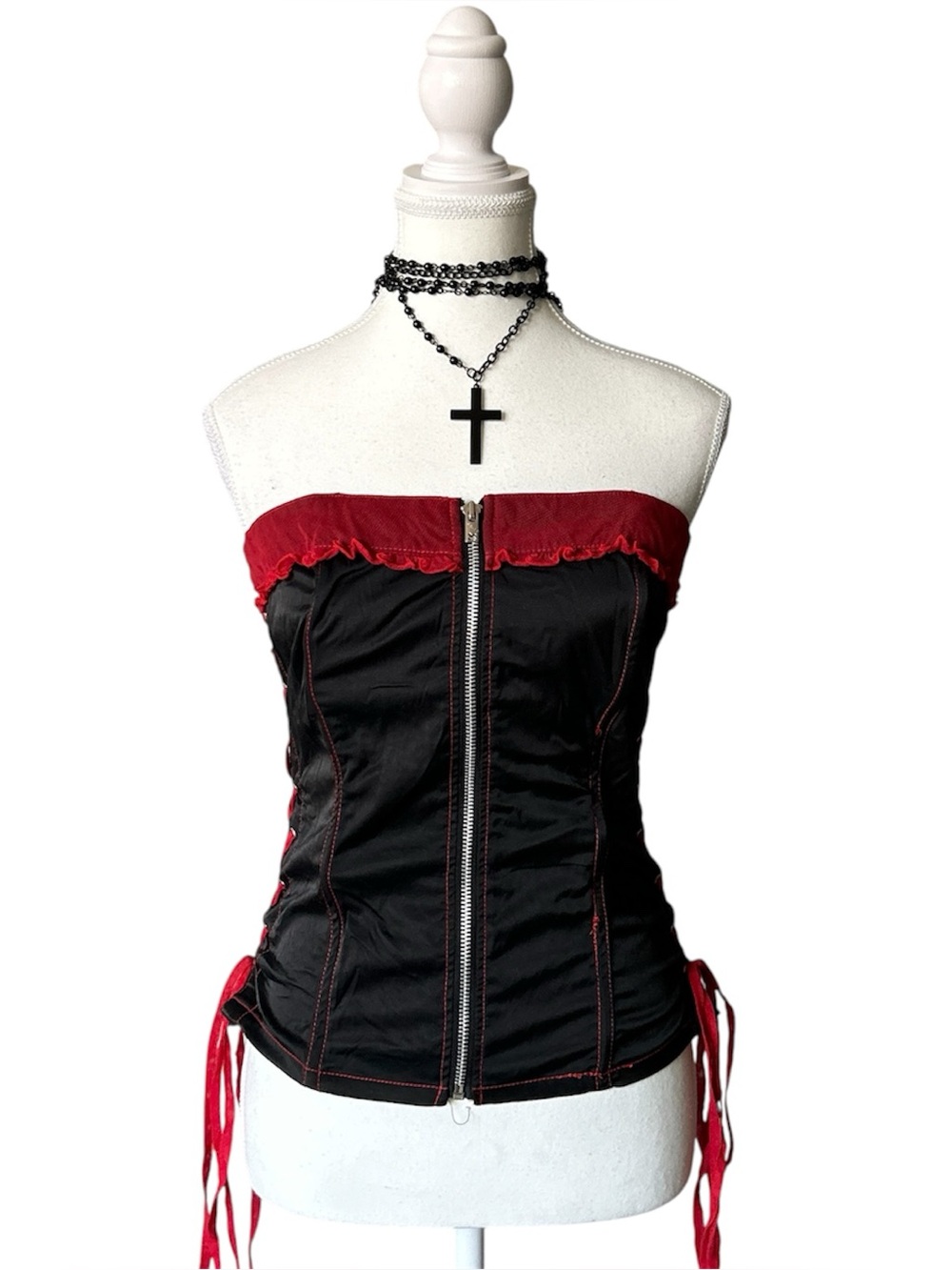Goth “Tripp NYC” Black and Red Lace Trim Lace up Zip up Corset Top